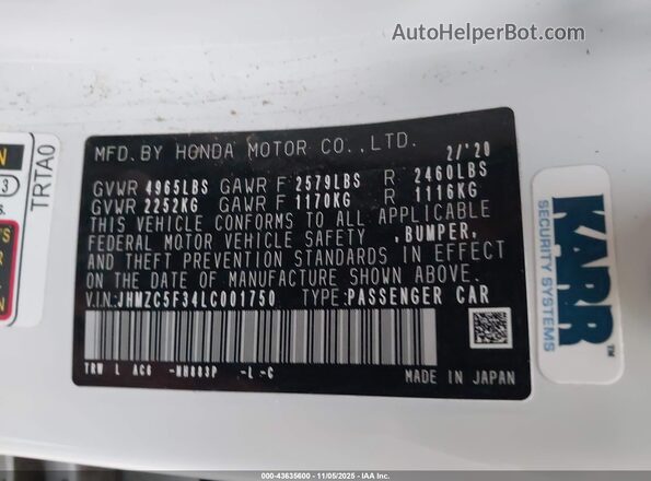 JHMZC5F34LC001750 2020 HONDA CLARITY White 