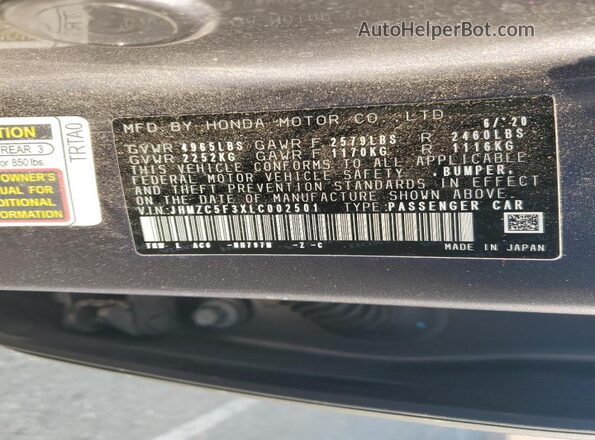 JHMZC5F3XLC002501 2020 HONDA CLARITY Charcoal 