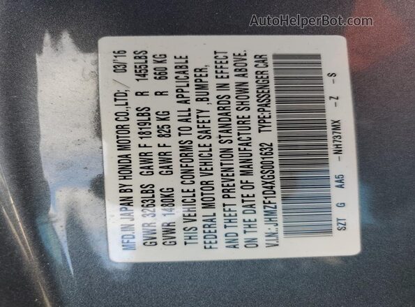 JHMZF1D4XGS001632 2016 HONDA CR-Z Gray Engine compartment view