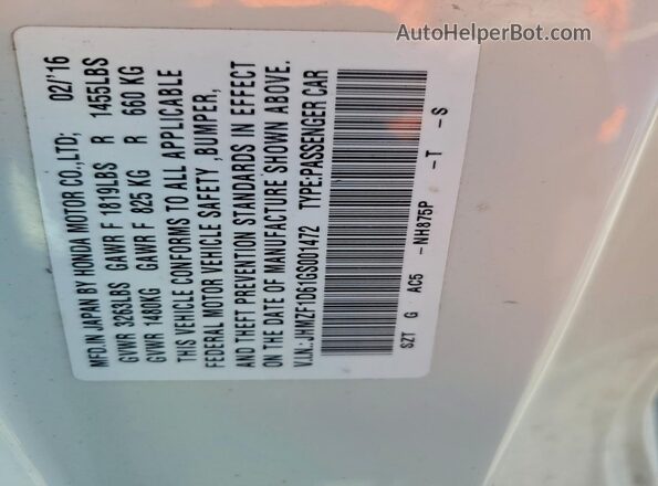 JHMZF1D61GS001472 2016 HONDA CR-Z White Engine compartment view