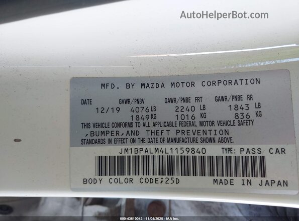 JM1BPALM4L1159840 2020 MAZDA 3 White Engine compartment view