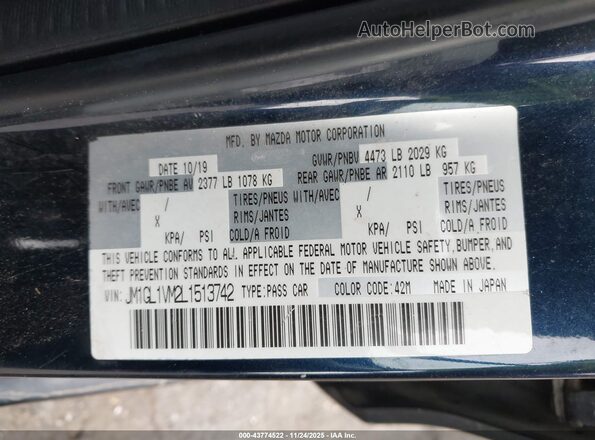 JM1GL1VM2L1513742 2020 MAZDA 6 Dark Blue ძრავის განყოფილების ხედი