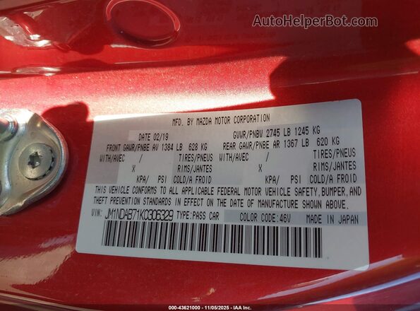 JM1NDAB71K0306329 2019 MAZDA MX-5 MIATA Red Vista del compartimento del motor