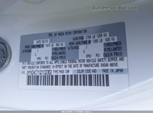 JM1NDAC71G0102362 2016 MAZDA MX-5 MIATA White ძრავის განყოფილების ხედი