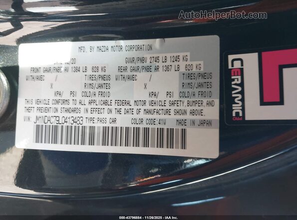 JM1NDAC79L0413483 2020 MAZDA MX-5 MIATA Black Vista del compartimento del motor