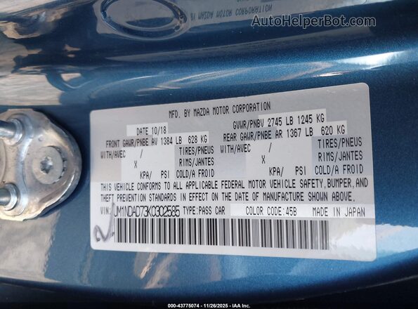 JM1NDAD73K0302585 2019 MAZDA MX-5 MIATA Blue ძრავის განყოფილების ხედი
