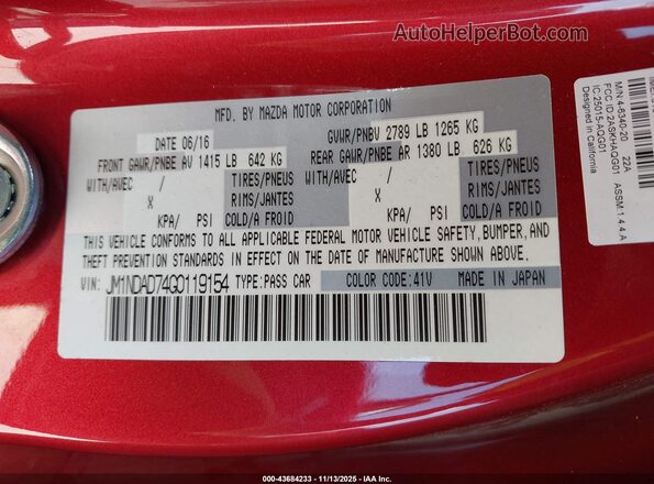 JM1NDAD74G0119154 2016 MAZDA MX-5 MIATA Red Շարժիչի բաժամունքի տեսք