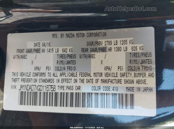 JM1NDAD7XG0116758 2016 MAZDA MX-5 MIATA Black Շարժիչի բաժամունքի տեսք