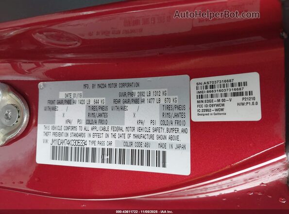 JM1NDAM74K0305334 2019 MAZDA MX-5 MIATA RF Burgundy Вид підкапотного простору