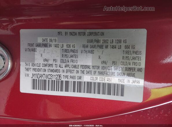 JM1NDAM7XK0311235 2019 MAZDA MX-5 MIATA RF Red Вид підкапотного простору