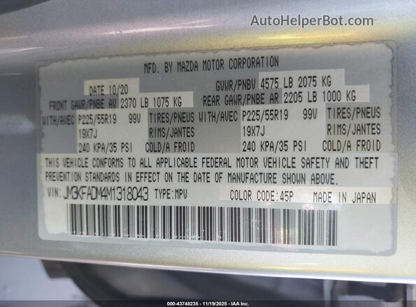JM3KFADM4M1318043 2021 MAZDA CX-5 Silver Vista del compartimento del motor