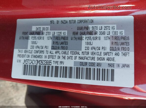 JM3TCACY3M0503885 2021 MAZDA CX-9 Red VIN sticker view