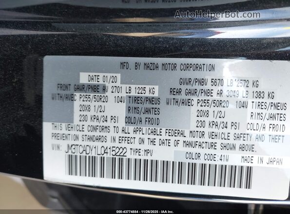 JM3TCADY1L0415222 2020 MAZDA CX-9 Black Շարժիչի բաժամունքի տեսք