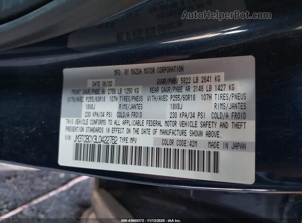 JM3TCBCY3L0422762 2020 MAZDA CX-9 Dark Blue 