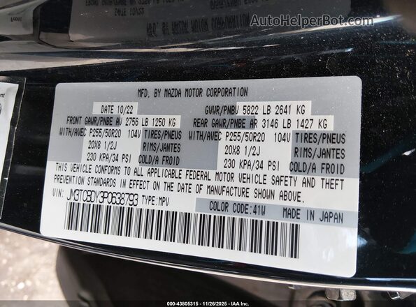 JM3TCBDY3P0638793 2023 MAZDA CX-9 Blue Vista del compartimento del motor