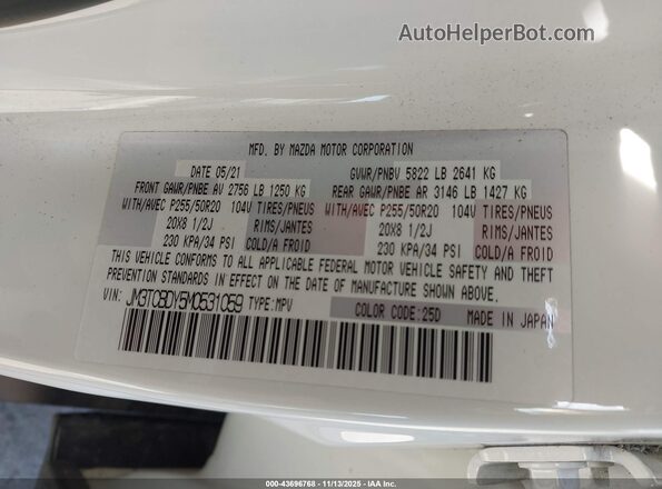 JM3TCBDY5M0531059 2021 MAZDA CX-9 White Вид підкапотного простору