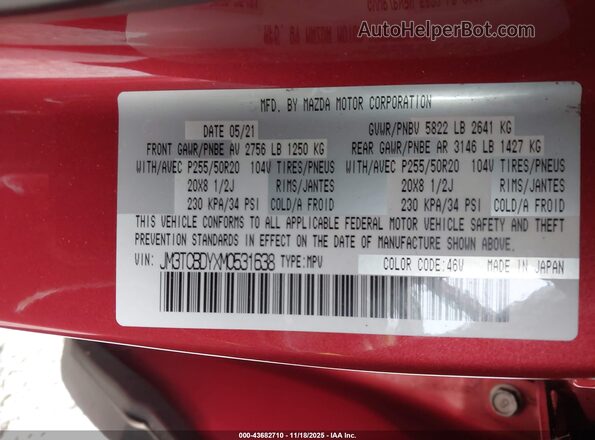JM3TCBDYXM0531638 2021 MAZDA CX-9 Red ძრავის განყოფილების ხედი