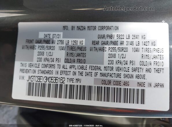 JM3TCBEY3M0536162 2021 MAZDA CX-9 Gray Вид підкапотного простору