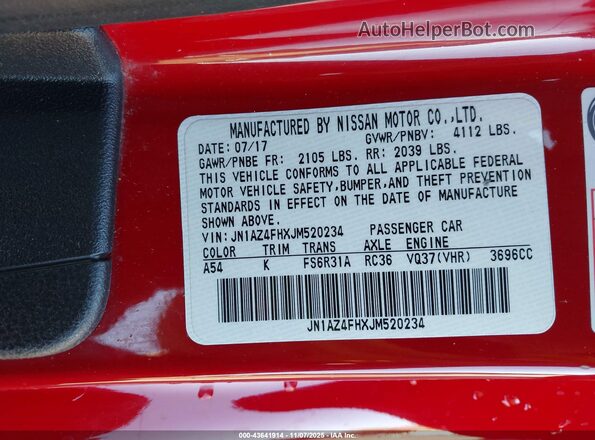 JN1AZ4FHXJM520234 2018 NISSAN 370Z Red 
