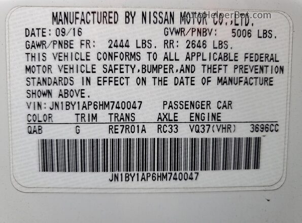JN1BY1AP6HM740047 2017 INFINITI Q70 Белый Вид наклейки с VIN-кодом
