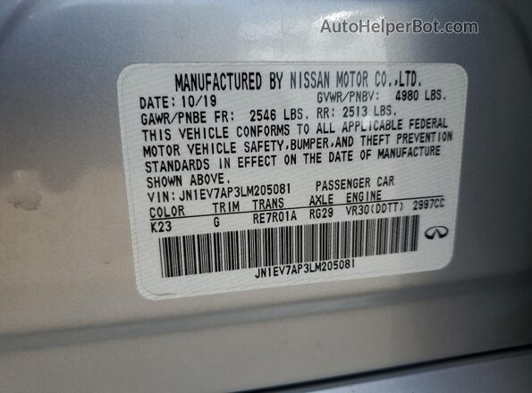 JN1EV7AP3LM205081 2020 INFINITI Q50 Silver ძრავის განყოფილების ხედი
