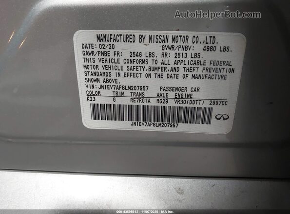 JN1EV7AP8LM207957 2020 INFINITI Q50 Gray Շարժիչի բաժամունքի տեսք