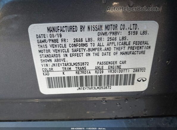 JN1EV7AR3LM252872 2020 INFINITI Q50 Gray ძრავის განყოფილების ხედი