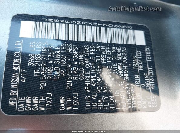 JN8AF5MRXHT706223 2017 NISSAN JUKE Silver 