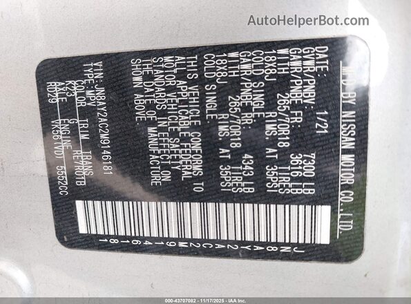 JN8AY2AC2M9146181 2021 NISSAN ARMADA Silver Engine compartment view