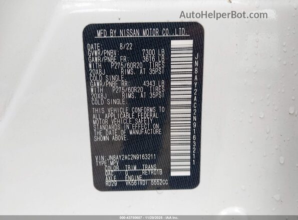 JN8AY2AC2N9163211 2022 NISSAN ARMADA White Engine compartment view