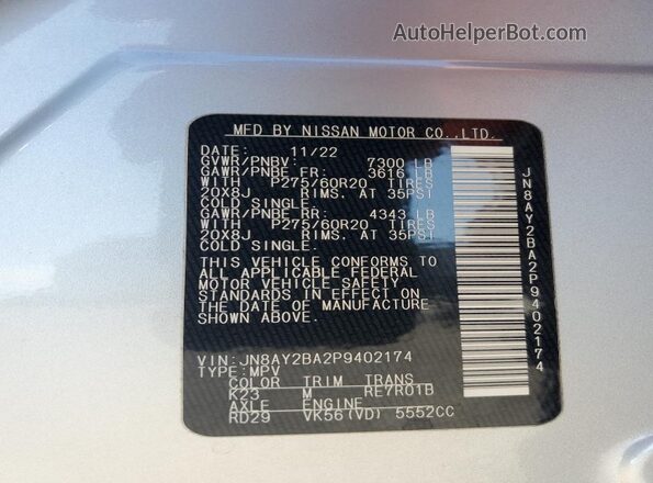 JN8AY2BA2P9402174 2023 NISSAN ARMADA Серебряный Вид наклейки с VIN-кодом