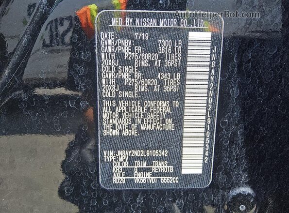 JN8AY2ND2L9105342 2020 NISSAN ARMADA Black VIN կոդի պիտակի տեսք