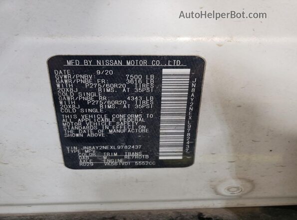 JN8AY2NEXL9782437 2020 NISSAN ARMADA Cream VIN sticker view