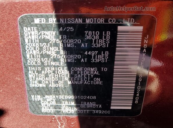 JN8AY3EB9S9102408 2025 NISSAN ARMADA Burgundy Widok naklejki z numerem VIN