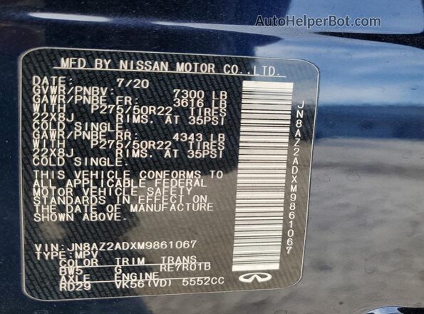 JN8AZ2ADXM9861067 2021 INFINITI QX80 Синий Вид наклейки с VIN-кодом