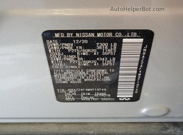 JN8AZ2AF4M9719749 2021 INFINITI QX80 Silver Widok naklejki z numerem VIN