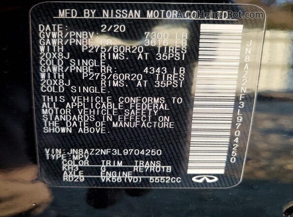 JN8AZ2NF3L9704250 2020 INFINITI QX80 Black VIN კოდის სტიკერის ხედი