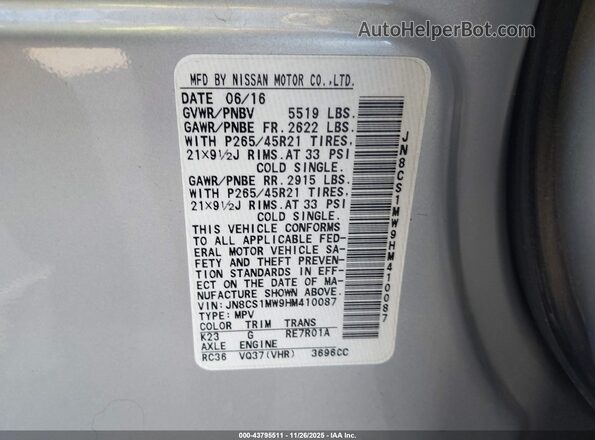 JN8CS1MW9HM410087 2017 INFINITI QX70 Silver 