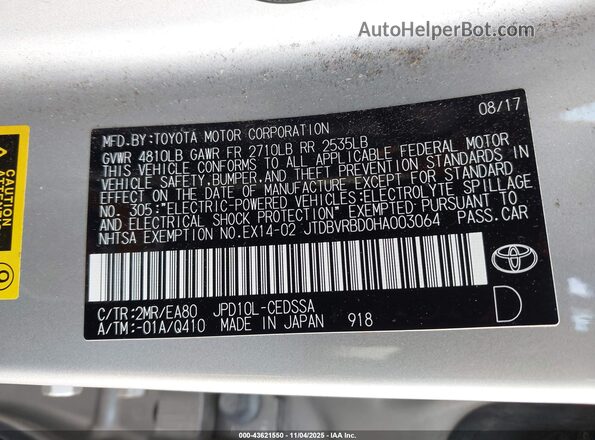 JTDBVRBD0HA003064 2017 TOYOTA MIRAI Silver 
