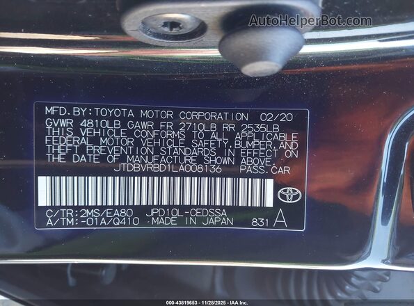 JTDBVRBD1LA008136 2020 TOYOTA MIRAI Black Вид підкапотного простору