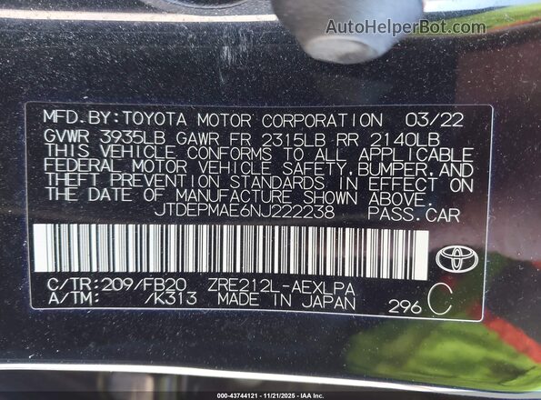 JTDEPMAE6NJ222238 2022 TOYOTA LL Black Engine compartment view
