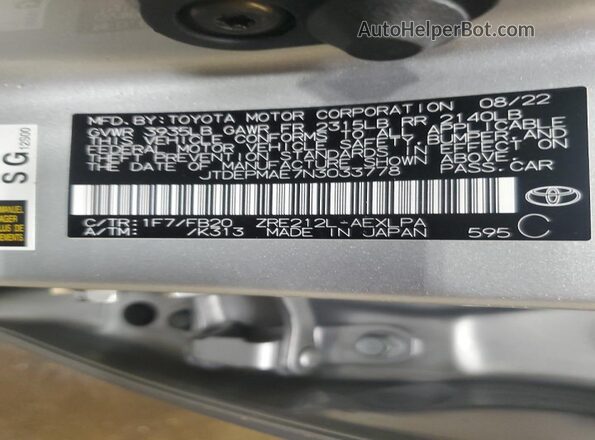JTDEPMAE7N3033778 2022 TOYOTA LL Silver ძრავის განყოფილების ხედი