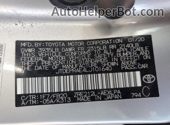 JTDEPRAE4LJ101640 2020 TOYOTA LL Silver Вид підкапотного простору