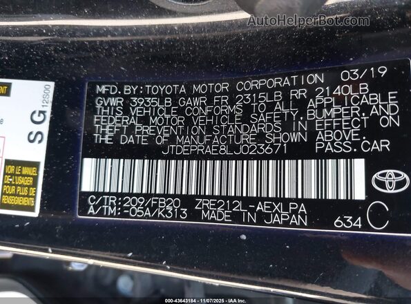 JTDEPRAE8LJ023671 2020 TOYOTA LL Black Շարժիչի բաժամունքի տեսք