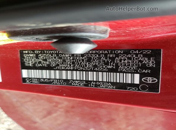 JTDKAMFP2N3214656 2022 TOYOTA LE Red Vista de la etiqueta del VIN