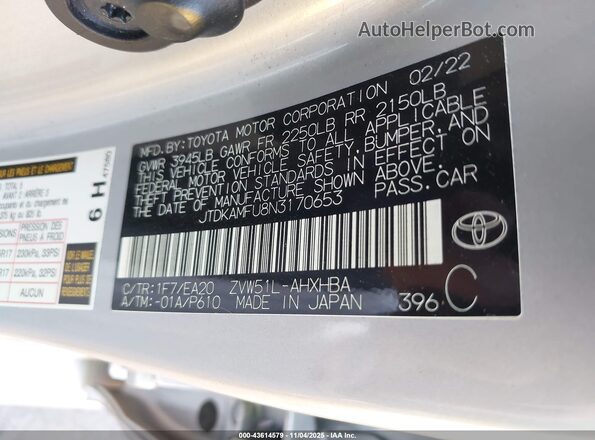 JTDKAMFU8N3170653 2022 TOYOTA PRIUS Серебряный Вид подкапотного пространства