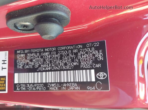 JTDKAMFUXN3180827 2022 TOYOTA LE Красный Вид подкапотного пространства