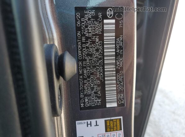JTDKARFU3L3125873 2020 TOYOTA PRIUS Gray VIN կոդի պիտակի տեսք