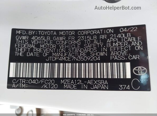 JTDP4MCE7N3509204 2022 TOYOTA LL White Вид підкапотного простору