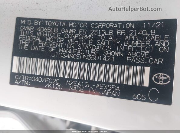 JTDS4MCE0N3501424 2022 TOYOTA LL White Vista del compartimento del motor